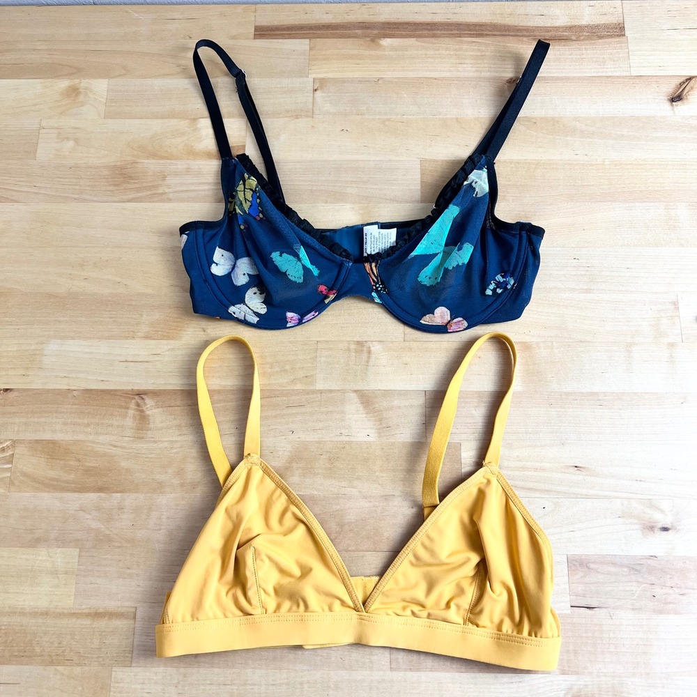 Parade Bra Set XS Butterfly Mesh Underwire and Mustard‎ Yellow Triangle Bralette